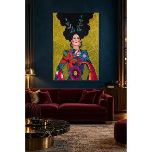 Impression sur toile de femme en robe fleurie sur fond de moutarde Fida - Product Image 5