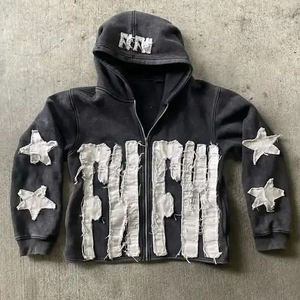 Distress bordado personalizado Sudadera con capucha fabricante de algodón de peso pesado sudaderas con capucha francés Terry sudaderas con capucha desgastadas - Product Image 1