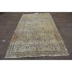 Classique Beige Bleu Vintage Tapis Turc 5.2X8.4 pieds À La Main Patchwork Conception Laine Bambou Soie Matériel Latex Support pour Vivre - Product Image 1