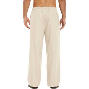 Pantalon en lin léger pour homme, taille élastique, coupe ample, cordon de serrage, pantalon de plage pour l'été, vêtements décontractés - Product Image 2