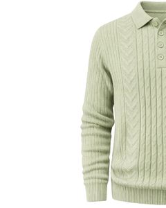 Suéter Polo de Punto Trenzado Vertical para Hombre, Manga Larga, Cuello con Botones, Suave, para Invierno, Color Verde Salvia Claro, Venta al por Mayor - Product Image 3