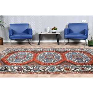 5.6x8.6 ft Vintage Rug, Turkish Large Rug, <b>Red</b> Blue Striped <b>Wool</b> Rug - Product Image 1