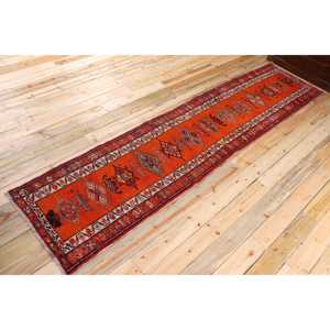 Turkish 2.6x11.7 ft Rug, Herki Vintage Rug, <b>Red</b> Camouflage <b>Wool</b> Rug - Product Image 2