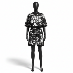 Ensemble court pour femme en coton et polyester de qualité supérieure, tissu French Terry noir, logo sublimé sur toute la surface, haut court et short 100% coton - Product Image 6