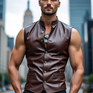Vêtements d'extérieur sans manches pour hommes en peau de mouton corne bouton Biker gilet en cuir | Vente en gros hommes Streetwear 100% gilets en cuir véritable - Product Image 2
