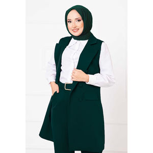 Conjunto de Chaleco Largo y Blazer Esmeralda con Cuello de Pañuelo, Doble Botonadura, Estilo Casual, Tejido de Algodón y Spandex, Talla XL para Verano y Otoño - Product Image 2