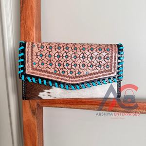 Portefeuille de sculpture usiné à la main de concepteur pochette portefeuille élégant en cuir véritable fourrure de vachette multi-usages portefeuilles en cuir occidental - Product Image 1