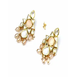 Ensemble de collier Peach Designer Tumble Polki Kundan avec zircon plaqué or et perle pour mariage ou bijoux fins, cadeau idéal - Product Image 4