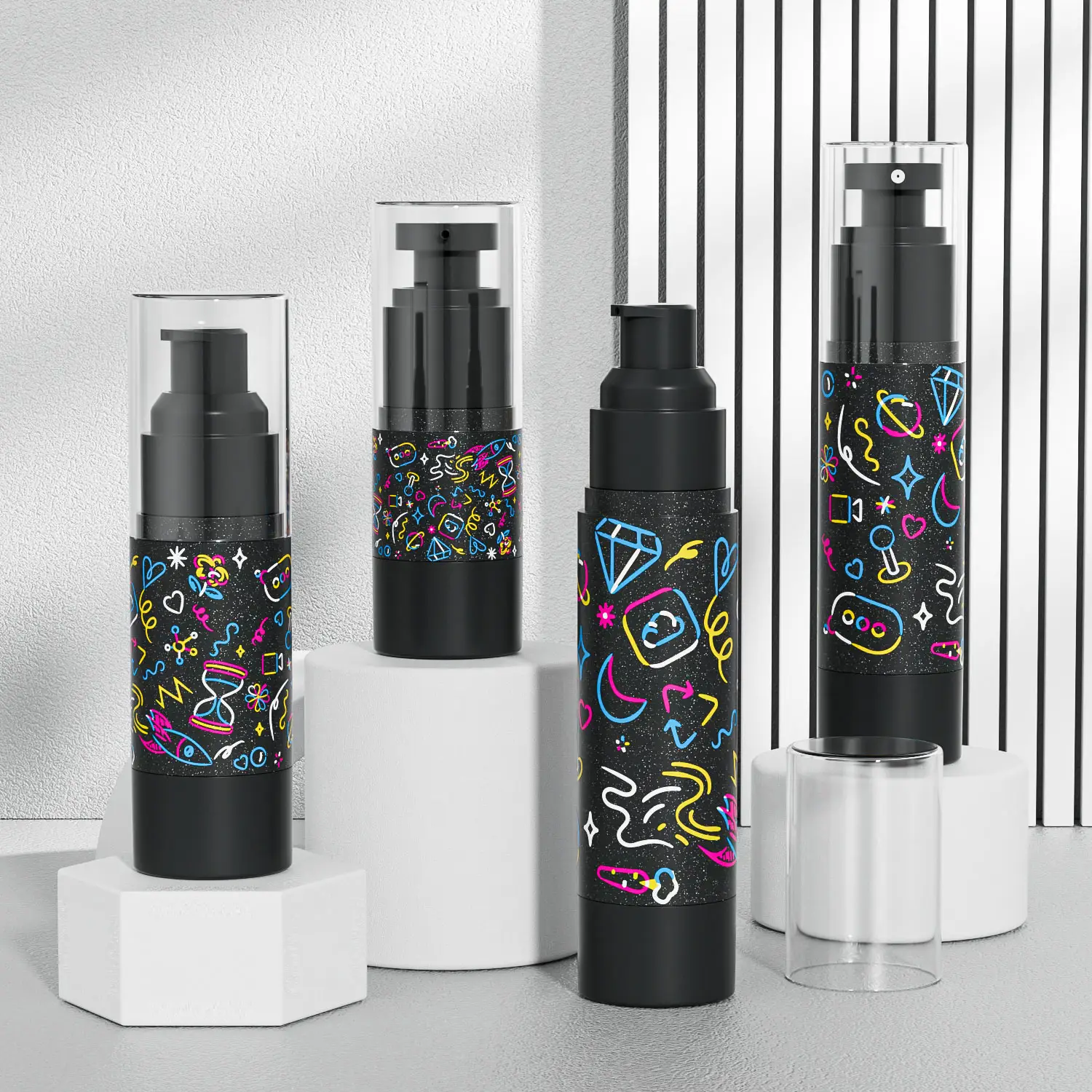 15ml 30ml 40ml 50ml leerer kosmetischer Serum behälter schwarzer Airless-Lotion pumpen flasche aus Kunststoff mit schwarzem Kunststoff pumpen kopf