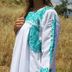 Oaxacan tay thêu maxi váy hiếm dài tay chi tiết ngọc bích thêu tay móc điểm nhấn dài maxi dài 100% cotton