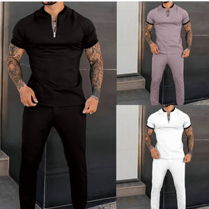 Ensemble de survêtement unisexe grande taille coupe ajustée pour l'automne – T-shirt polo à manches courtes zippé et col revers, pantalon de sport uni léger - Product Image 3
