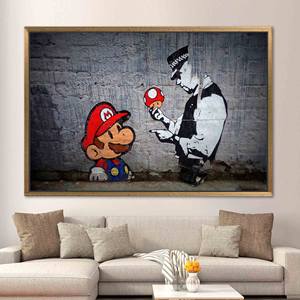 ผ้าใบพิมพ์ลายพิเศษ: ศิลปะบนผนังสไตล์แบงก์ซี่ผสมผสานกับกราฟฟิตีมาริโอ,1P:กรอบสีทอง - Product Image 1