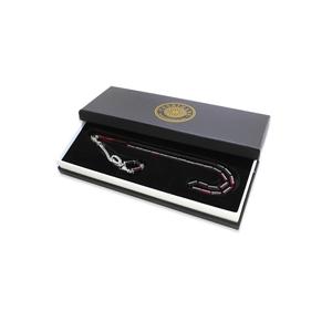 Rosario di ambra di fuoco rosso-nero tagliato con nappe di metallo schiarite - Product Image 3