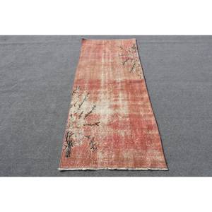 Modern Vintage Turkish Rug 2.8 X 6.6ft Handmade <b>Pink</b> Beige <b>Wool</b> Latex Backing Classic Rectangle Puzzle Pattern Abstract Hallway - Product Image 1