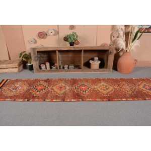 Alfombra turca vintage con diseño étnico marrón naranja patchwork estilo clásico 2.4x11ft lana con respaldo de látex para decoración de habitación de adolescentes - Product Image 4