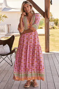 OEM Custom Summer <b>Beach</b> Girls Floral Print Boho <b>Long</b> Rayon Ruffles Casual V-Neck Sexy Boho Maxi Plus <b>Dress</b> Robe Femme - Product Image 4