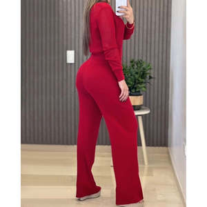 Jane's Women's Long Sleeve Round Neck Transparent Detail Knitted Blouse and Pants <b>Two</b>-<b>Piece</b> <b>Set</b>, Casual Solid Color Outfit - Product Image 3