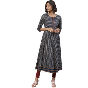 Conjuntos Elegantes para Mujer, Kurta Anarkali de Algodón con Estampado Floral en Azul, 48 Pulgadas - Product Image 2