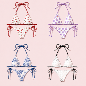 Women Premium Floral <b>Bikini</b> <b>Set</b> Triangle Top <b>String</b> Bottom Elegant Vacation Swimwear Beach Holiday Outfit Collection - Product Image 1