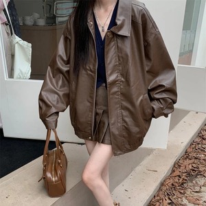 Women Real Leather Jacket American Vintage Solid Color Pu Loose Casual Versatile Outwear Highstreet Streetwear - Product Image 3