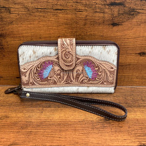 กระเป๋าสตางค์หนังลายดอกไม้สีเทอร์ควอยส์สำหรับผู้หญิงกระเป๋าสตางค์บัตรเครดิตหนังวัวตะวันตกขายดี - Product Image 5