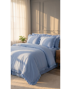 Ruffled Blue Poly-Cotton European-American Style 57TC <b>Bedding</b> Set <b>Queen</b> <b>Size</b> Frill Trim Duvet Cover 4pcs Soft Breathable Machine - Product Image 4