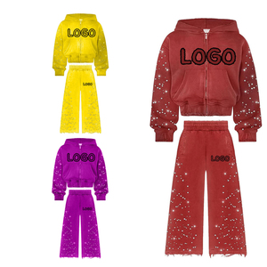 2025 Logo personnalisé strass femmes survêtements respirant 2 pièces ensemble Vintage soleil délavé lourd acide lavage en détresse survêtement - Product Image 1