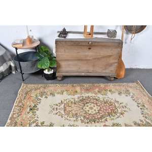 Alfombra turca de área grande Vintage, beige-Rosa, 3,7x6,6 pies, respaldo de látex de lana clásico, patrón abstracto, alfombra rectangular para habitación de pasillo - Product Image 2