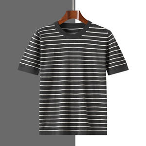 Tops de verano informales para hombre, camiseta de manga corta de algodón 100% con cuello de suéter y Jersey de rayas de color, patrón sólido de punto - Product Image 2