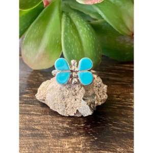 <strong>Swain</strong> Charlie Fashionable Adjustable Butterfly Ring Turquoise and Sterling Silver with Bezel Setting Size 6.75 Perfect Gift - Product Image 1