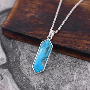 จี้เงินแท้ 925 ทำมือ ขนาด 9x27 มม. ประดับด้วยพลอยแท้ Sleeping Beauty Arizona Turquoise แบบฝังขอบ งานละเอียดสไตล์นาวาโฮ โบฮีเมียน - Product Image 1