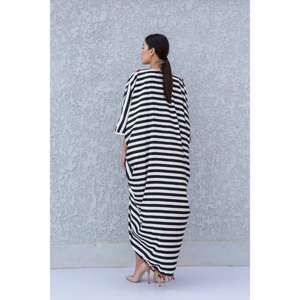 Womens Black <b>White</b> Plaid Embroidered Kaftan <b>Maxi</b> <b>Dress</b> V Neck Loose Fit Floor-Length Boho Ethnic Resort Wear 100% Cotton - Product Image 4