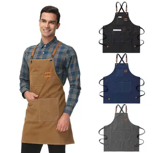 Celemek dapur koki kanvas Denim toko kopi kecantikan Restoran Restoran Bbq Logo kustom dengan tali