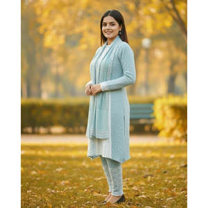 Conjunto de Kurti Tejido Azul Cielo con Patrón Geométrico, Vestido Midi de Manga Larga, Ropa Casual de Invierno - Product Image 3