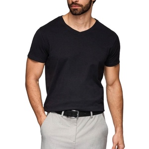 Camiseta con Cuello en V, Estilo Casual, Moderna, Lisa, Vintage, Tejida, Ajustada, Elástica, con Estampado Personalizado, Logotipo Personalizado, Fabricante OEM - Product Image 1