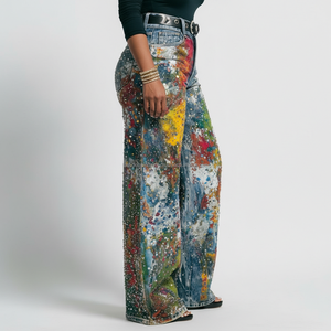 Pantalones Vaqueros Anchos de Estilo Urbano con Diseño de Salpicaduras de Pintura, Unisex, Hip Hop, Holgados, Transpirables y Vibrantes - Product Image 4