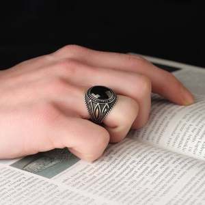Anillo Azuris turco de plata de ley 925 para hombre, joyería de moda de estilo otomano, piedra negra natural hecha a mano VALKH1332 - Product Image 3
