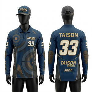 เสื้อเจอร์ซีย์สำหรับนักยิงปืน ผ้าโพลีเอสเตอร์พิคคุณภาพพรีเมียม 180 GSM ระบายอากาศได้ดี ทรงพอดีตัว สีกรมท่า แต่งแผงสีทอง สไตล์ซับลิเมชั่น พร้อมสกรีนโลโก้ตามสั่ง - Product Image 1
