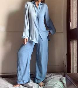 ชุดเสื้อกางเกงผ้าเครปสองชิ้นสำหรับผู้หญิงชุดเสื้อใส่ในเลานจ์ผ้าฝ้าย100% ระบายอากาศได้สำหรับผู้หญิง - Product Image 4