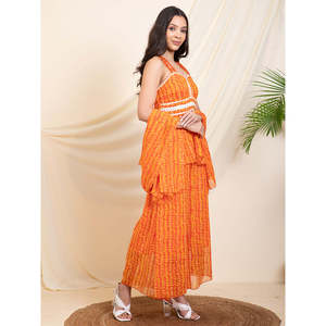 Conjunto Coordinado Indo-Occidental para Mujer, Estampado Naranja, Dos Piezas de Chifón, Talla XS/XS, Estilo Blazer Formal - Product Image 5