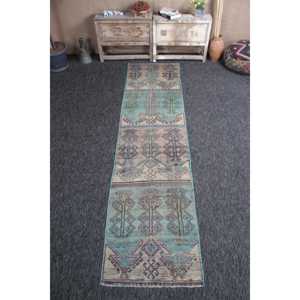 พรมวินเทจ Herki ขนาดเล็ก 2.4x9.9 ฟุต (73x303 ซม.) พรมขนสัตว์ลายเรขาคณิตสีเทอร์ควอยซ์แบบตุรกี - Product Image 1