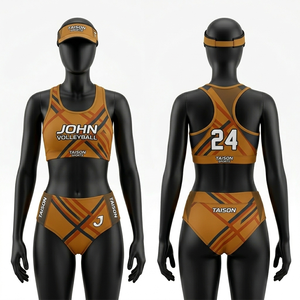 Uniforme de Voleibol de Playa para Mujer, Tela Elástica de Poliéster y Spandex de 220 GSM, Diseño de Paneles en Naranja, Azul Marino y Verde Azulado, Sublimación, Logotipo Personalizado - Product Image 3