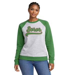 Heather <b>Grey</b> 08 Soror Raglan Sleeve Crewneck Sweatshirt Greek Sorority <b>Women</b> Pink Green College Sisterhood Style Casual Apparel - Product Image 1