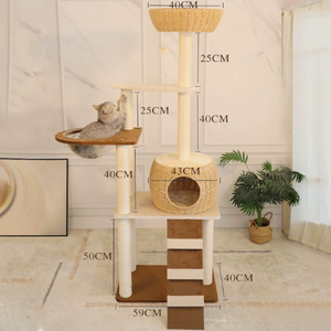 Árbol para Gatos Moderno para Gatos Grandes, de Madera de Roble Macizo de Lujo, con Múltiples Niveles y 3 Nidos de Mimbre - Product Image 1