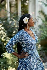 Robe enveloppe en coton pur à rayures bohèmes, imprimée à la main en bleu indigo, décontractée pour femmes - Product Image 2