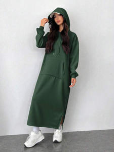 Factory Customized Women's Long Hoodie Dress Cotton Fleece Relaxed Fit Drop Shoulder Hooded Pullover Side Slit Apparel - Product Image 5