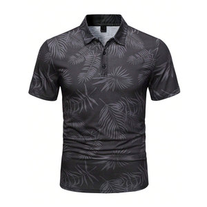 T-shirt de performance pour homme, gris anthracite, noir, imprimé feuille de palmier par sublimation, respirant, anti-humidité, tricoté, manches courtes - Product Image 1