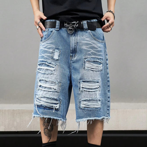 Bermuda en denim déchiré pour hommes, short personnalisé bleu clair, design vieilli, tissu de haute qualité, détails élégants sur les poches, shorts pour hommes - Product Image 6