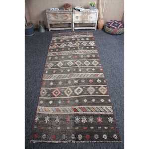 Turkish Accent Rug, 4.3x10.8 ft Vintage Rug, <b>Brown</b> Geometric <b>Wool</b> Rug - Product Image 1