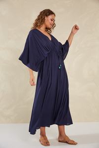 Vestido Largo Bohemio Azul de Manga Larga, 100% Rayón, con Borlas, Cuello en V, Informal, para Mujer - Product Image 2